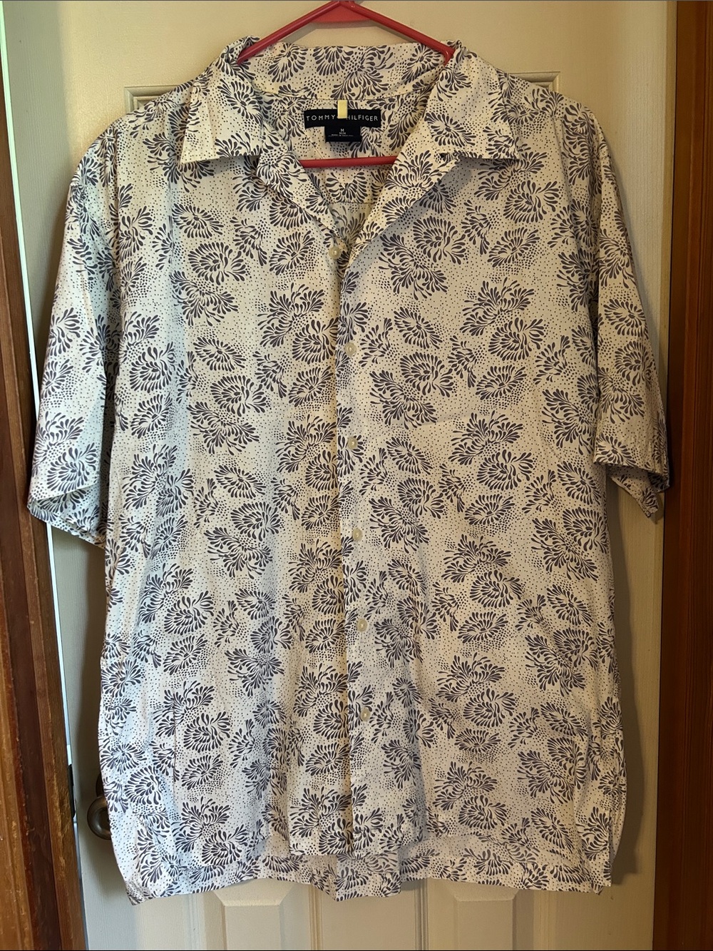 Tommy Hilfiger Men’s Short-Sleeve Button-Down in White with Navy Floral Print